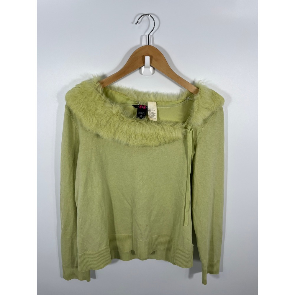 Vtg Y2K Womens Rabbit Fur Trim Sweater M Green Bratz Statement Maximalist